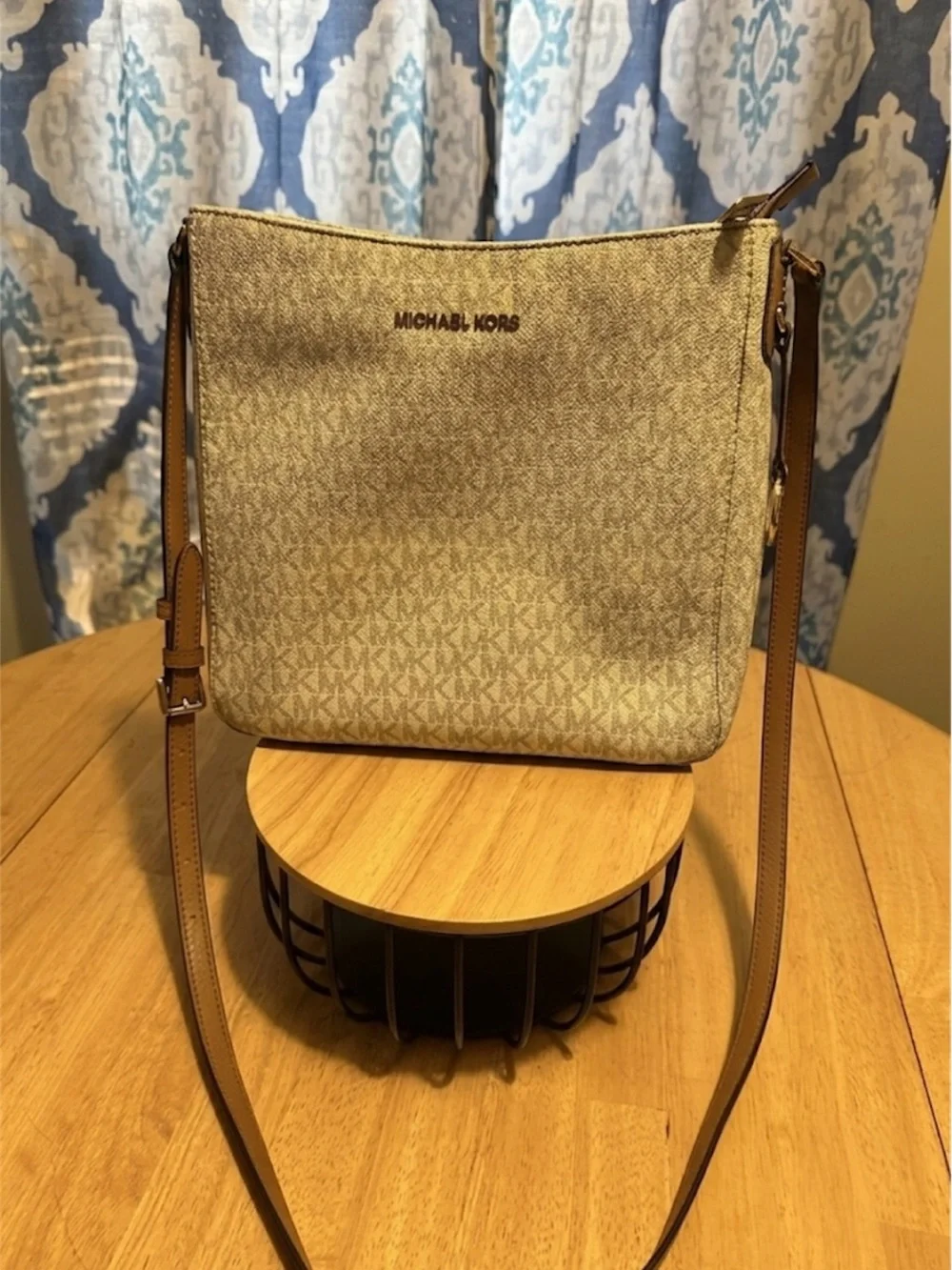 Michael Kors Beige Monogram Crossbody with Tan Strap